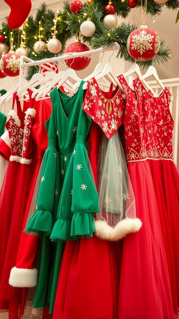 A collection of colorful Christmas dresses displayed on a rack with holiday decorations.